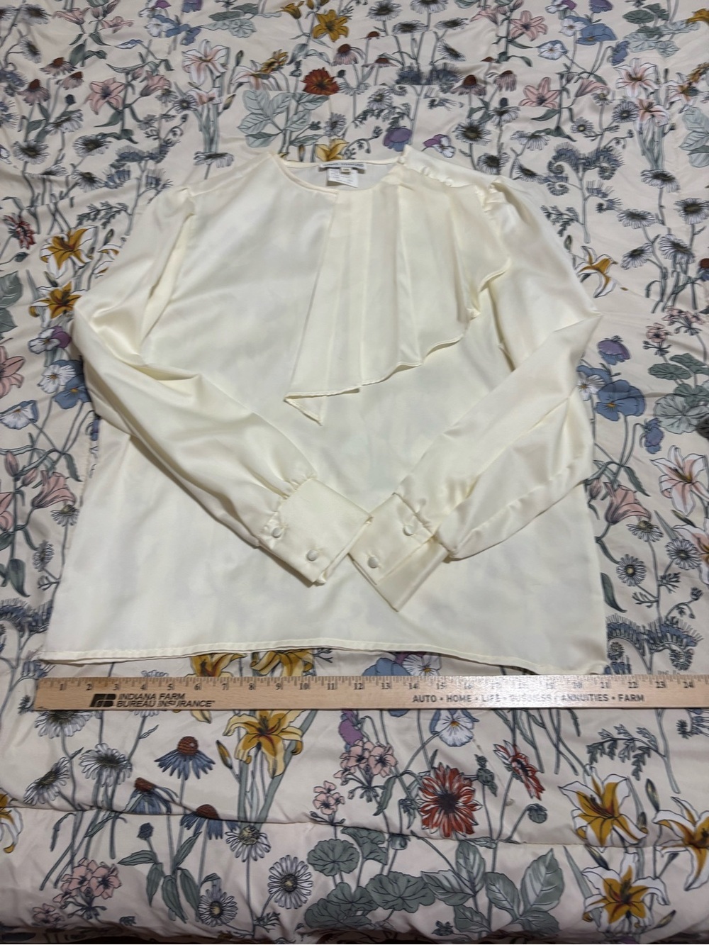 Cream Long-Sleeve Ruffled Front Women's Blouse